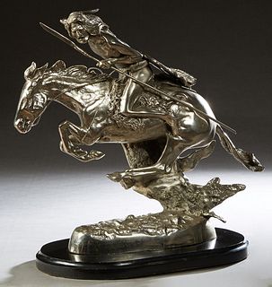 After Frederick Remington (American, 1861-1909), "Indian, The Cheyenne," silverplated iron, on a stepped oval black marble base, H.- 20 1/2 in., W.- 2