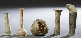Group of Five Pieces of Glass, consisting of a broken bottle top, and four pieces of Roman glass, consisting of a baluster bowl, and three cylinder va