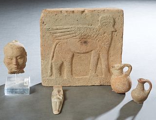 Group of Five Egyptian Earthenware Pieces, consisting of two small pitchers, a large carved tile; a mummy case; and a head on a lucite stand. Head- H.