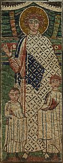 Mosaic Tile of a Saint and Two Children, 20th c., set in concrete within an iron frame, H.- 37 3/8 in., W.- 14 1/2 in., D.- 1 in. Provenance: Palmira,