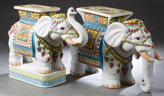 Pair of Polychromed Ceramic Elephant Form Garden Seats, 20th c., one with a raised trunk, H.- 20 3/4 in., W.- 27 in., D.- 10 in. Provenance: Palmira, 