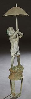 Patinated Bronze Garden Statue, 20th c., of a boy holding an umbrella, on an integral base, H.- 47 in., Dia.- 13 in. Provenance: Palmira, the Estate o