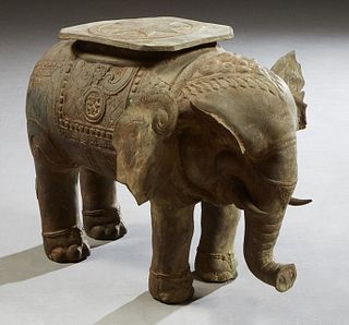 Oriental Bronze Elephant Garden Seat, 20th c, with relief decoration, H.-16 in., W.- 17 1/2 in., D.- 22 in. Provenance: Palmira, the Estate of Sarkis 