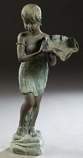 Patinated Bronze Fountain Figure, 20th c., of a little girl holding a large seashell, on a stepped integral base, H.- 40 in., W.- 9 1/4 in., D.- 9 1/2