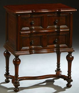 Diminutive Louis XIV Style Inlaid Walnut Commode, 20th c., the stepped rounded edge breakfront top over two breakfront drawers, on turned tapered legs
