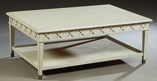 Louis XVI Style Polychromed Mahogany Coffee Table, 20th/21st c., the stepped rectangular top over sides with relief x-form appliques, on tapered squar