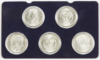 Group of Five Bank Uncirculated Morgan Silver Dollars, consisting of a 1900-O; a 1902-O; an 1898-O; an 1899-O, and a 1901-O, presented in rigid plasti