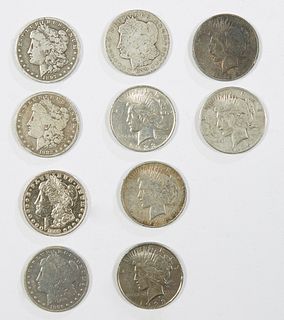 Group of Ten Silver Dollars, consisting of a Morgan 1897-O; a Morgan 1890-O; a Morgan 1889; a Morgan 1898-O; a Morgan 1882; three Peace 1923; a Peace 