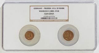 Two 1914-A Kaiser Wilhelm II Gold Coins, consisting of a 10 and 20 mark coin, presented in a single slab from the Numismatic Guaranty Corporation, tot