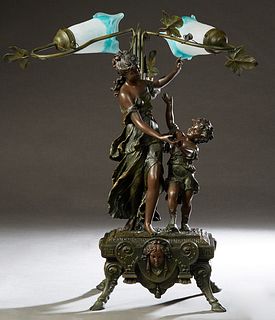 Art Nouveau Style Bronze Patinated Spelter Figural Table Lamp, 20th c., with a relief group of a woman and a child, on a relief decorated base, on spl