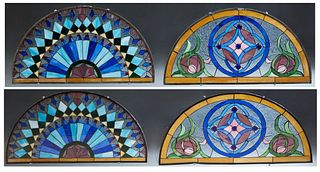 Four Leaded Glass Arched Transom Windows, presented in plexiglass.  Provenance: Palmira, the Estate of Sarkis Kaltakdjian (Sarkis Oriental Rugs), Prai