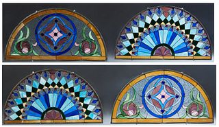 Four Leaded Glass Demilune Transom Windows, presented in plexi-glass travel frames, two pair, H.- 19 3/4 in., W.- 39 in.  Provenance: Palmira, the Est