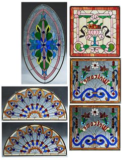 Group of Six Pieces of Leaded Stained Glass, 20th c., consisting of a pair of demilune examples; a pair of "Welcome" examples; an oval example and a V