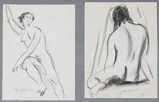 Edgar Louis Yaeger (1904-1997, Michigan/France), "Forward Facing Nude," and "Back of Seated Nude," 1926, pair of charcoal drawings on paper, each sign