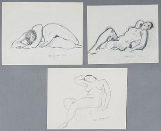 Edgar Louis Yaeger (1904-1997, Michigan/France), "Nude with Head in Arms," 1927, "Reclining Nude I," and "Reclining Nude II," 1926, three graphite dra