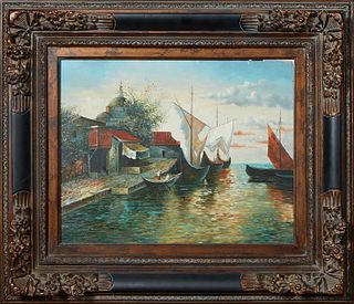 Chinese School, "Boats in the Harbor," 20th c., oil on board, unsigned, presented in a wood frame, H.- 15 1/4 in., W.- 19 1/4 in., Framed H.- 25 1/2 i