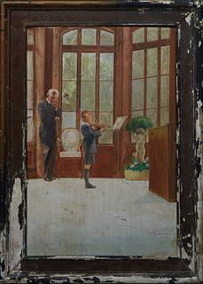 American School, "The Violin Lesson," 20th c., oil on board, unsigned, presented in a painted wood frame, H.- 35 1/2 in., W.- 23 1/2 in., Framed H.- 4