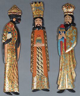 Group of Three Carved Gilt and Polychromed Mahogany Wise Men Figures, 20th c., H.- 29 1/2 in., W.- 6 in., D.- 3/4 in. (3 Pcs.)