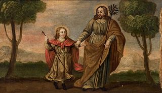 Spanish school, following XVII century models; XX century. 
"Saint Joseph with Child". 
Oil on panel.