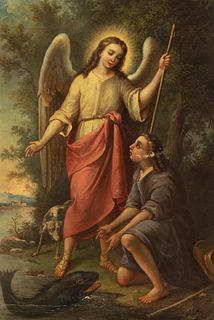 Spanish School; 1850. 
"Tobias and the Archangel Saint Raphael". 
Oil on canvas.