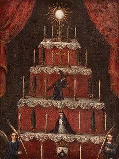 Novohispanic School; late seventeenth century. 
"Altar with Virgin of Solitude and Christ custody". 
Oil on canvas. Relined.