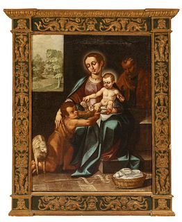 Spanish master, ca. 1619. 
"Holy Family with St. Johnny". 
Oil on canvas. Relined.