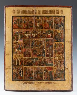 Russian school, workshops of the Old Believers, XVIII century. 
"Resurrection of Christ, Christ's Descent into Hell, and his life in 28 hagiographic s
