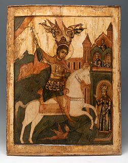 Northern Russian icon, 18th century. 
"St. George fighting the dragon". 
Tempera and levkas on wood.