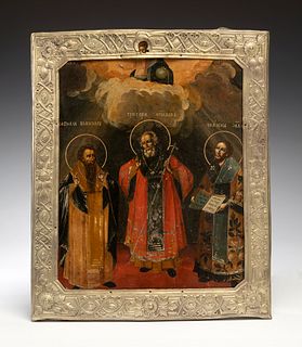 Russian school, XVIII-XIX century. 
St. Basil, Gregory Nazianzen, John Chrysostom. 
Oil on panel, embossed silver frame.