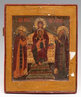 Russian school, XVIII century. 
"The Virgin and Child Jesus and selected saints". 
Tempera on panel.