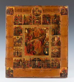 Russian School of Old Believers, late 18th century. 
"Resurrection of Christ, Christ's Descent into Hell, with 16 hagiographic scene". 
Tempera on pan