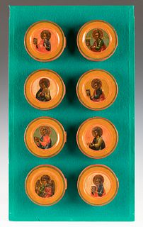 Russian school, XVIII-XIX centuries. 
"Decorative plates with representation of eight saints". 
Tempera on ceramic.