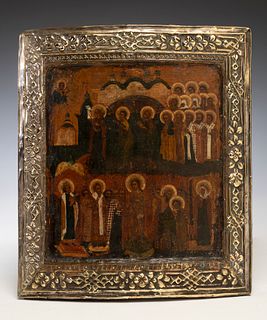 Russian school, XVIII century. 
"The Protection of the Mother of God", or "The Virgin of Pokrov". 
Tempera on panel, silver frame.