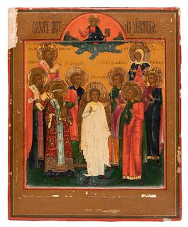 Russian school, workshops of the Old Believers, 19th century. 
"Guardian Angel with selected saints". 
Tempera on panel.