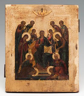Russian school, XVIII century. 
"Déesis with the allegory of the days of the week in the form of the saints. Sedmitsa". 
Tempera, gold leaf, on board.