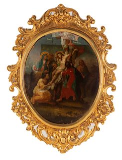 Russian school of the XIX century. 
"Descent from the Cross". 
Oil on panel. 
Frame of the twentieth century. 
Size: 53 x 42 cm; 83 x 58 cm (frame).