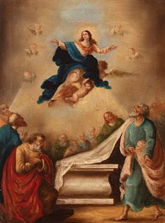 Spanish school; early 19th century. 
"Assumption of the Virgin". 
Oil on canvas. Re-framed. 
Size: 77 x 61 cm; 97 x 77 cm (frame).
