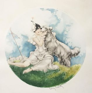 Louis Icart - Guardians (Berger et Bergere) Original Engraving, Hand Watercolored by Icart