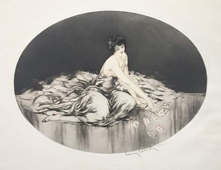 Louis Icart  - Solitaire Original Engraving, Hand Watercolored by Icart