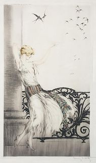 Louis Icart - Swallows Original Engraving, Hand Watercolored by Icart