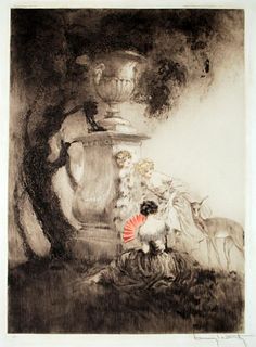 Louis Icart - Four Dears Original Engraving, Hand Watercolored by Icart