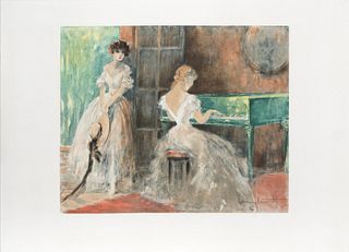 Louis Icart - Summer Music At The Piano Original Engraving, Hand Watercolored by Icart