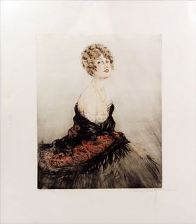 Louis Icart - Feathered Shawl Original Engraving, Hand Watercolored by Icart