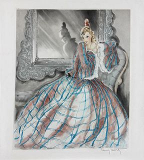 Louis Icart - Girl in Crinoline Original Engraving, Hand Watercolored by Icart