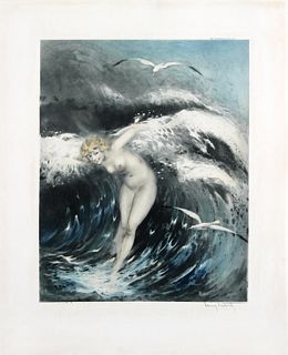 Louis Icart - Venus in the Waves (Dark Blue) Original Engraving, Hand Watercolored by Icart