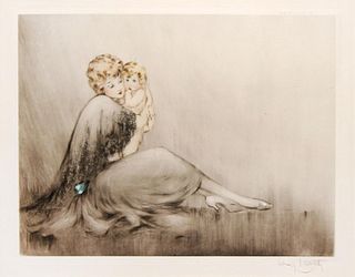 Louis Icart - Young Mother Original Engraving, Hand Watercolored by Icart