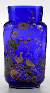 Large Cobalt Blue Glass Enameled Vase