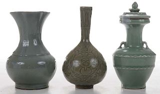 Three Celadon-Glazed Ceramic Vases