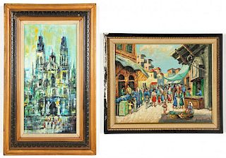 2 European Marketplace and City Paintings