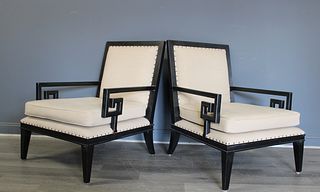 A Vintage Pair Of Ebonised Chairs With Greek Key